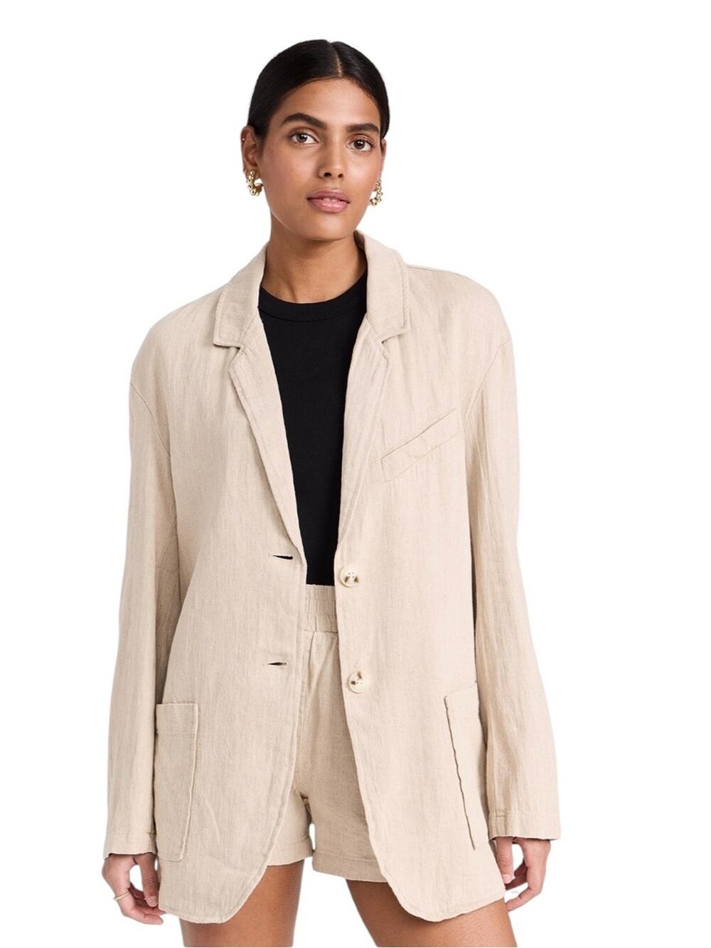 New Blank NYC Stepping Out Oversized Linen Blend Blazer in Beige Size Medium